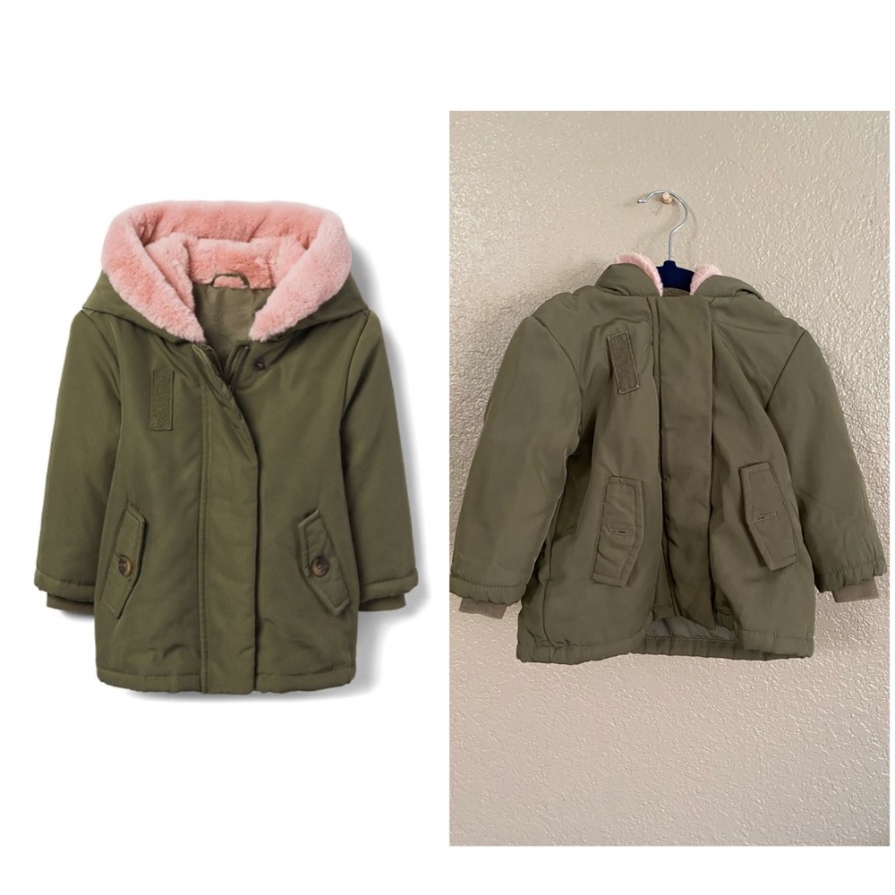 Olive green and Pink faux fur trim Anurak 12-18 months